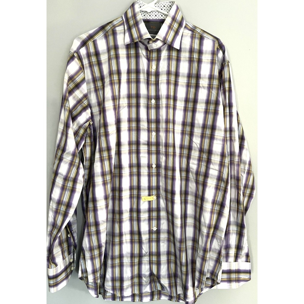 Thomas Dean Shirt Mens Large Purple Yellow Plaid Button Down Smart Casual Cotton